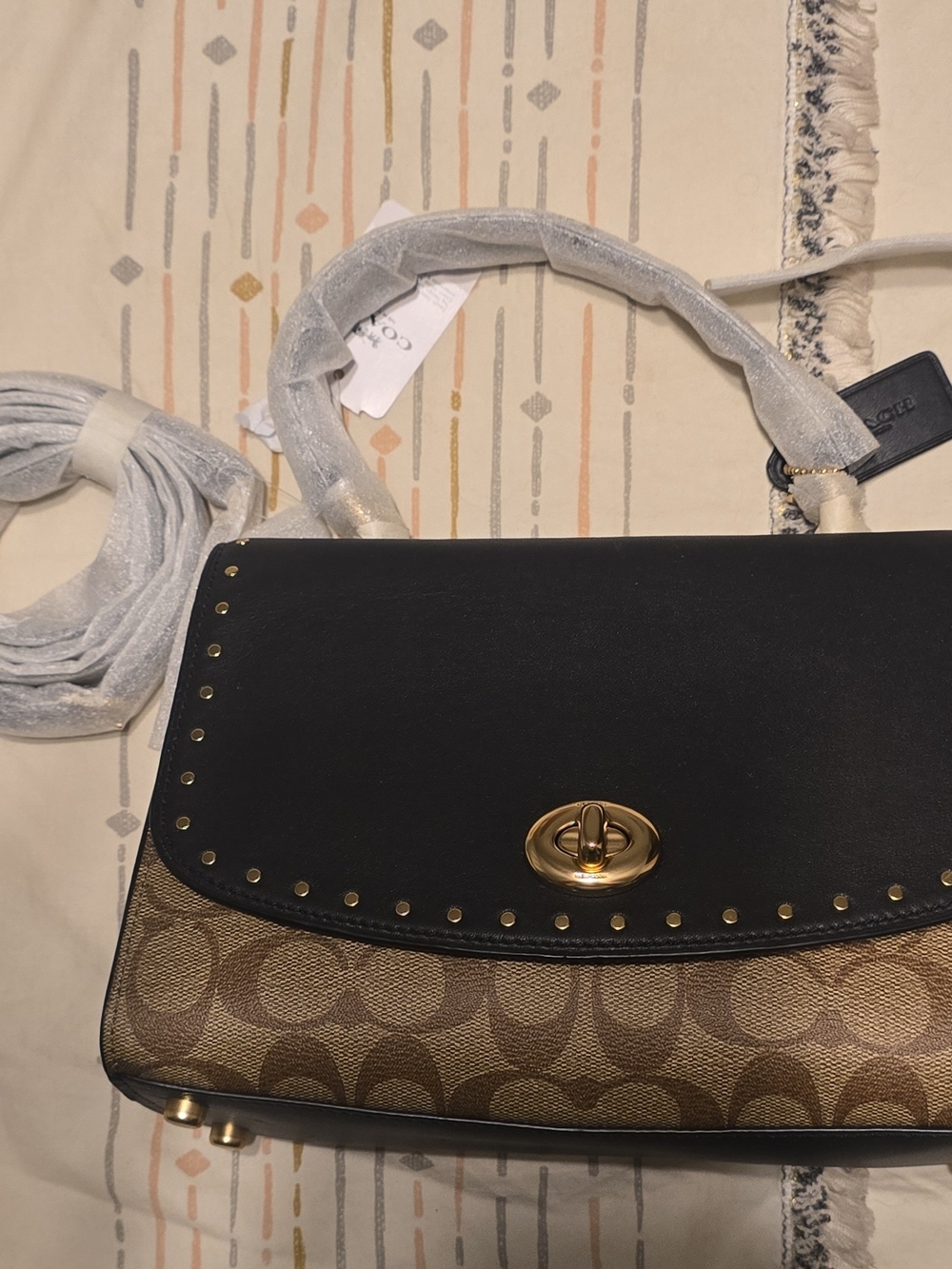 Coach Black Leather Flap Shoulder Bag with Brown Signature Canvas